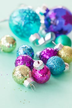 Christmas tree balls in different colors with glitter