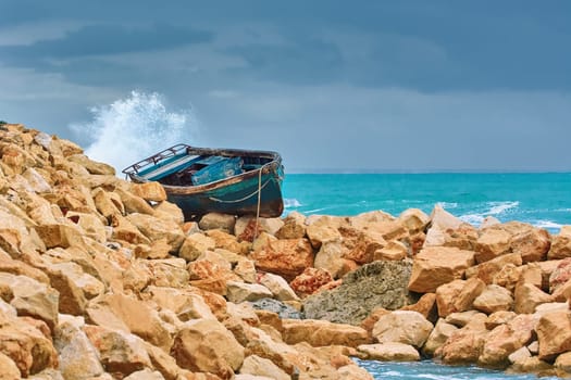Boat on the Stony Shore of Black Sea in Varna, Bulgaria