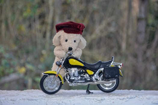 White stuffed animal dog with red cap stands behind a motorcycle outdoors