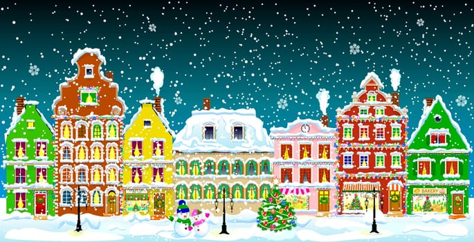 City street in the winter night. Christmas Eve. Winter holiday. Houses in winter night. Snow on a city street. Decoration houses on winter holidays.
