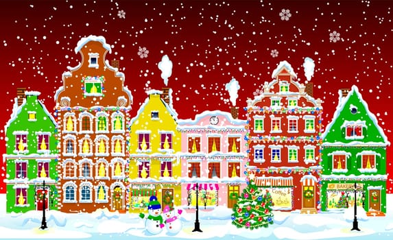 City street in the winter night. Christmas Eve. Winter holiday. Houses in winter night. Snow on a city street. Decoration houses on winter holidays.