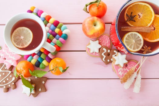 Homemade winter punch with oranges and waxes