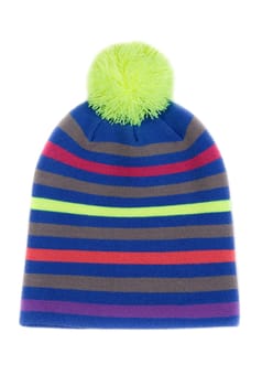 Striped colored knitted hat. Isolate on white.