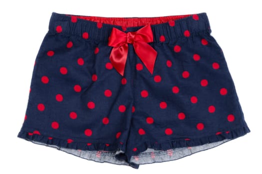 Blue women's panties with red polka dots on white isolate.