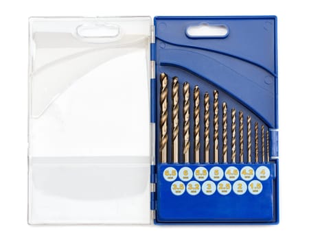 set of drill bits for metal in a blue plastic case. Isolate on white.