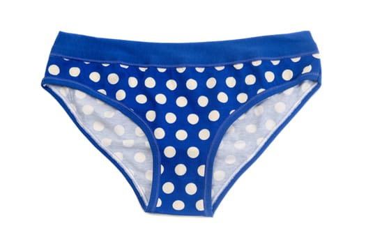 Women Cotton panties with blue polka dots. Isolate on white.