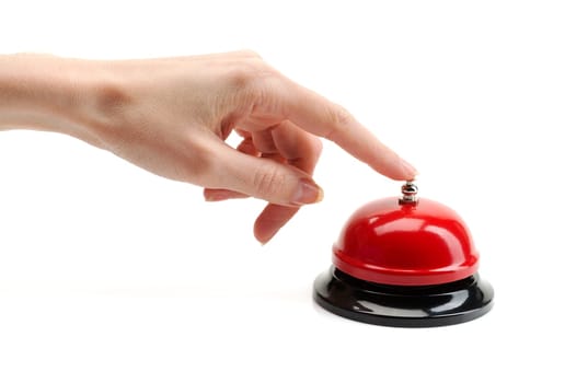 Female hand presses the red call. Isolate on white.