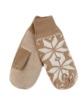 Beige knitted mittens. Isolate on white.