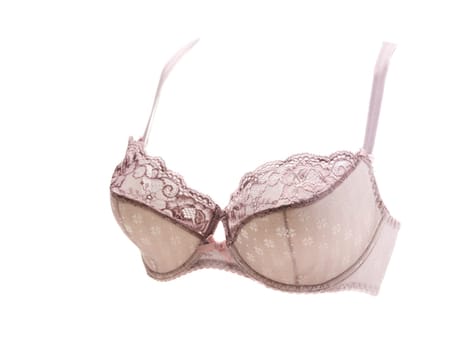 Beige lace bra in volume. Isolate on white.