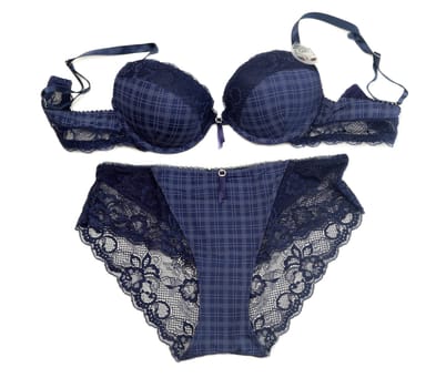 Blue checkered set of lingerie, push-up. Isolate on white.