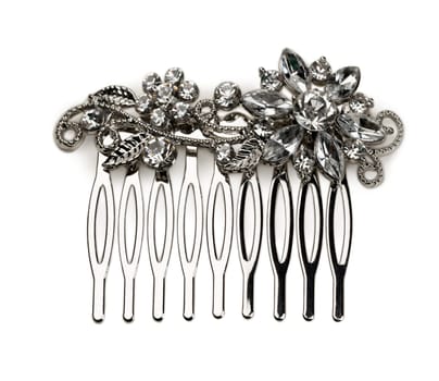 Silver hair clip with stones. Isolate on white.