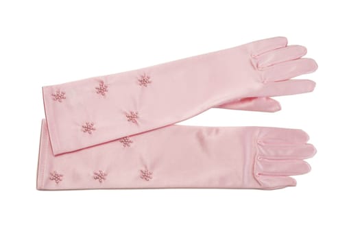 Pair of pink long silk gloves with rhinestones. Isolate on white.