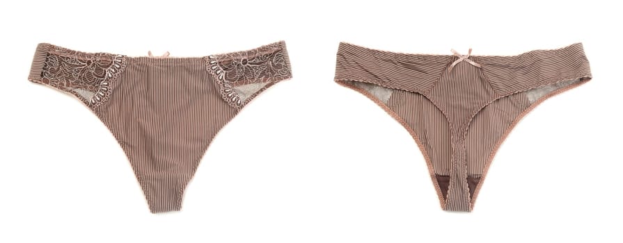 Collage of two female brown panties (thong). Front and rear views. Isolate on white.