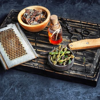 Set of wild medicinal herbs for teas and medicines on the kitchen Board