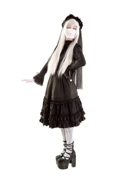 Widow in a black dress with white eyes looking like a doll isolated in white