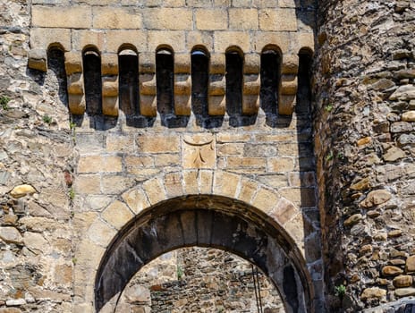 Home or main entrance of Templar castle in Ponferrada, the Bierzo, Spain. Detail
