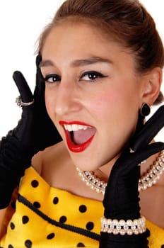 A gorgeous woman screaming with open mouth and red lipstick, closeup.with black cloves, isolated for white background..