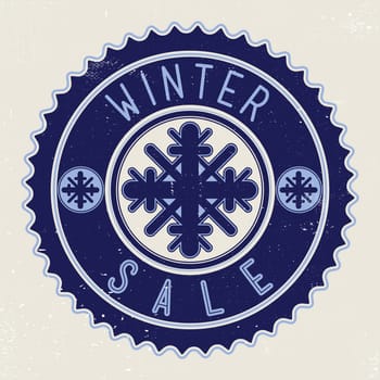 Winter sale with snowflakes on blue retro sticker