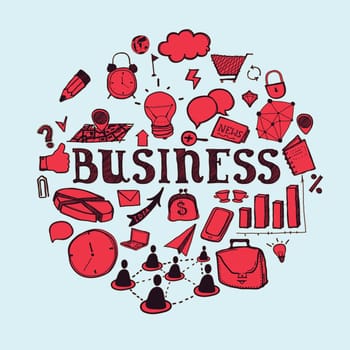 hand-drawn business and communication icons in red on a blue background