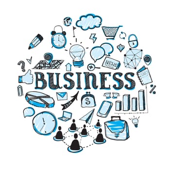 Cute doodle on the business theme in blue color
