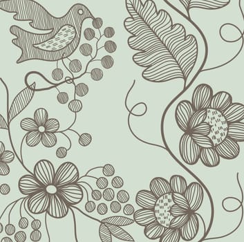 flower pattern with bird and national Ukrainian ornament