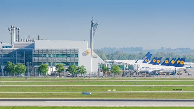 Munich, Germany - May 6, 2016: Munich Airport serves as the secondary hub for Lufthansa including Lufthansa Regional and its Star Alliance partners.