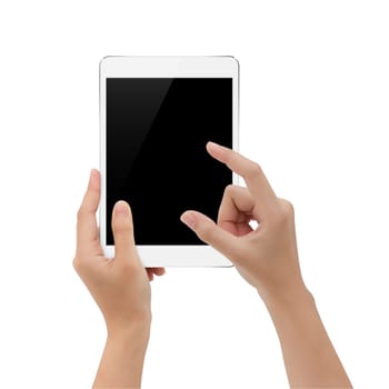 hand using digital tablet on white background, mock-up tablet blank screen