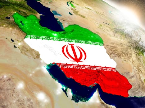 Iran with embedded flag on planet surface during sunrise. 3D illustration with highly detailed realistic planet surface and visible city lights. Elements of this image furnished by NASA.