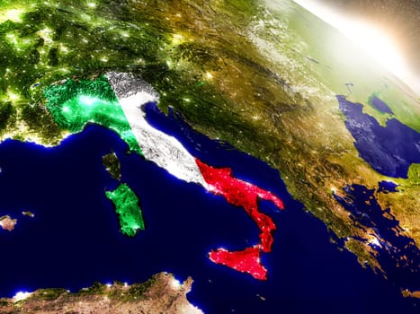 Italy with embedded flag on planet surface during sunrise. 3D illustration with highly detailed realistic planet surface and visible city lights. Elements of this image furnished by NASA.