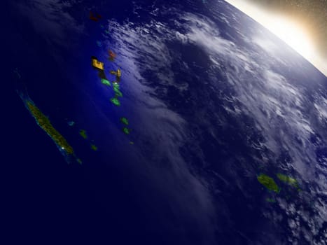 Vanuatu with embedded flag on planet surface during sunrise. 3D illustration with highly detailed realistic planet surface and visible city lights. Elements of this image furnished by NASA.