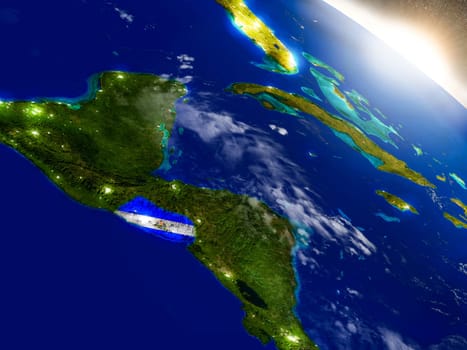 El Salvador with embedded flag on planet surface during sunrise. 3D illustration with highly detailed realistic planet surface and visible city lights. Elements of this image furnished by NASA.