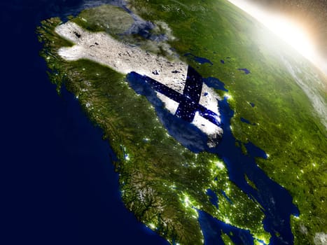 Finland with embedded flag on planet surface during sunrise. 3D illustration with highly detailed realistic planet surface and visible city lights. Elements of this image furnished by NASA.