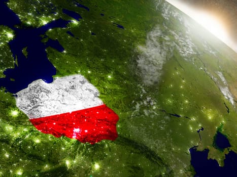 Poland with embedded flag on planet surface during sunrise. 3D illustration with highly detailed realistic planet surface and visible city lights. Elements of this image furnished by NASA.