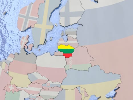 Map of Lithuania with national flag on political globe with realistic water. 3D illustration