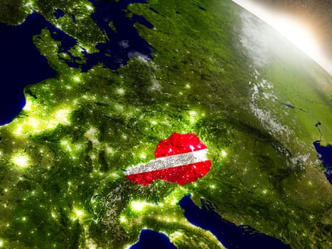 Austria with embedded flag on planet surface during sunrise. 3D illustration with highly detailed realistic planet surface and visible city lights. Elements of this image furnished by NASA.