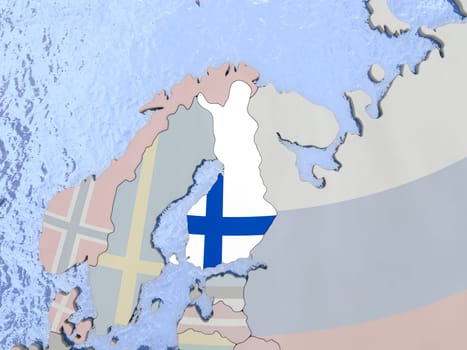 Map of Finland with national flag on political globe with realistic water. 3D illustration
