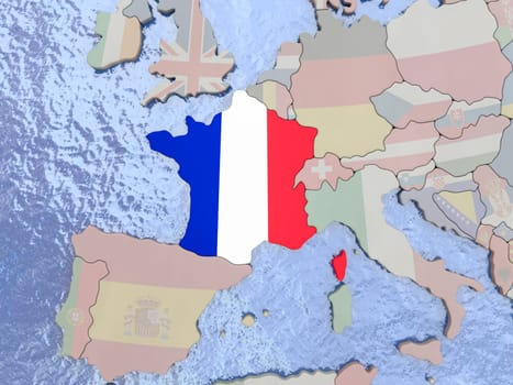 Map of France with national flag on political globe with realistic water. 3D illustration