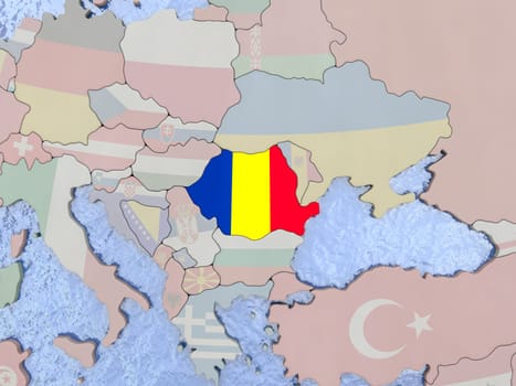 Map of Romania with national flag on political globe with realistic water. 3D illustration