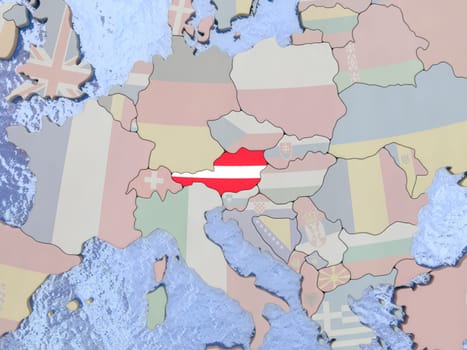 Map of Austria with national flag on political globe with realistic water. 3D illustration