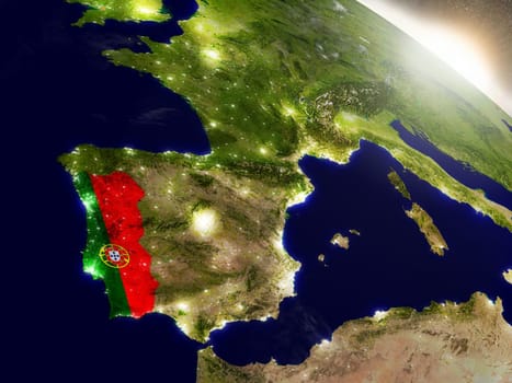 Portugal with embedded flag on planet surface during sunrise. 3D illustration with highly detailed realistic planet surface and visible city lights. Elements of this image furnished by NASA.