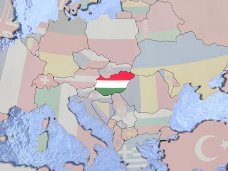 Map of Hungary with national flag on political globe with realistic water. 3D illustration