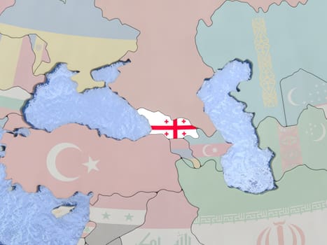 Map of Georgia with national flag on political globe with realistic water. 3D illustration