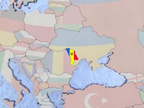 Map of Moldova with national flag on political globe with realistic water. 3D illustration