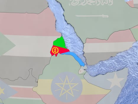 Map of Eritrea with national flag on political globe with realistic water. 3D illustration