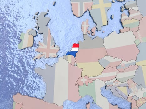 Map of Netherlands with national flag on political globe with realistic water. 3D illustration