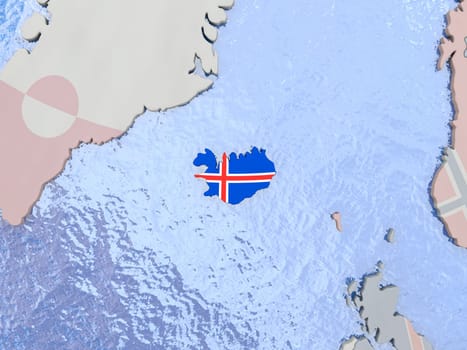 Map of Iceland with national flag on political globe with realistic water. 3D illustration