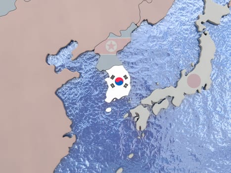 Map of South Korea with national flag on political globe with realistic water. 3D illustration
