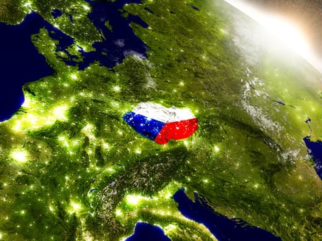 Czech republic with embedded flag on planet surface during sunrise. 3D illustration with highly detailed realistic planet surface and visible city lights. Elements of this image furnished by NASA.