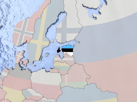 Map of Estonia with national flag on political globe with realistic water. 3D illustration