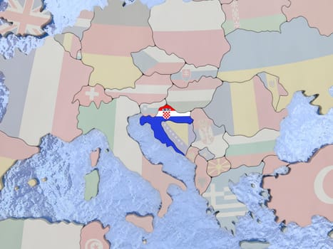 Map of Croatia with national flag on political globe with realistic water. 3D illustration